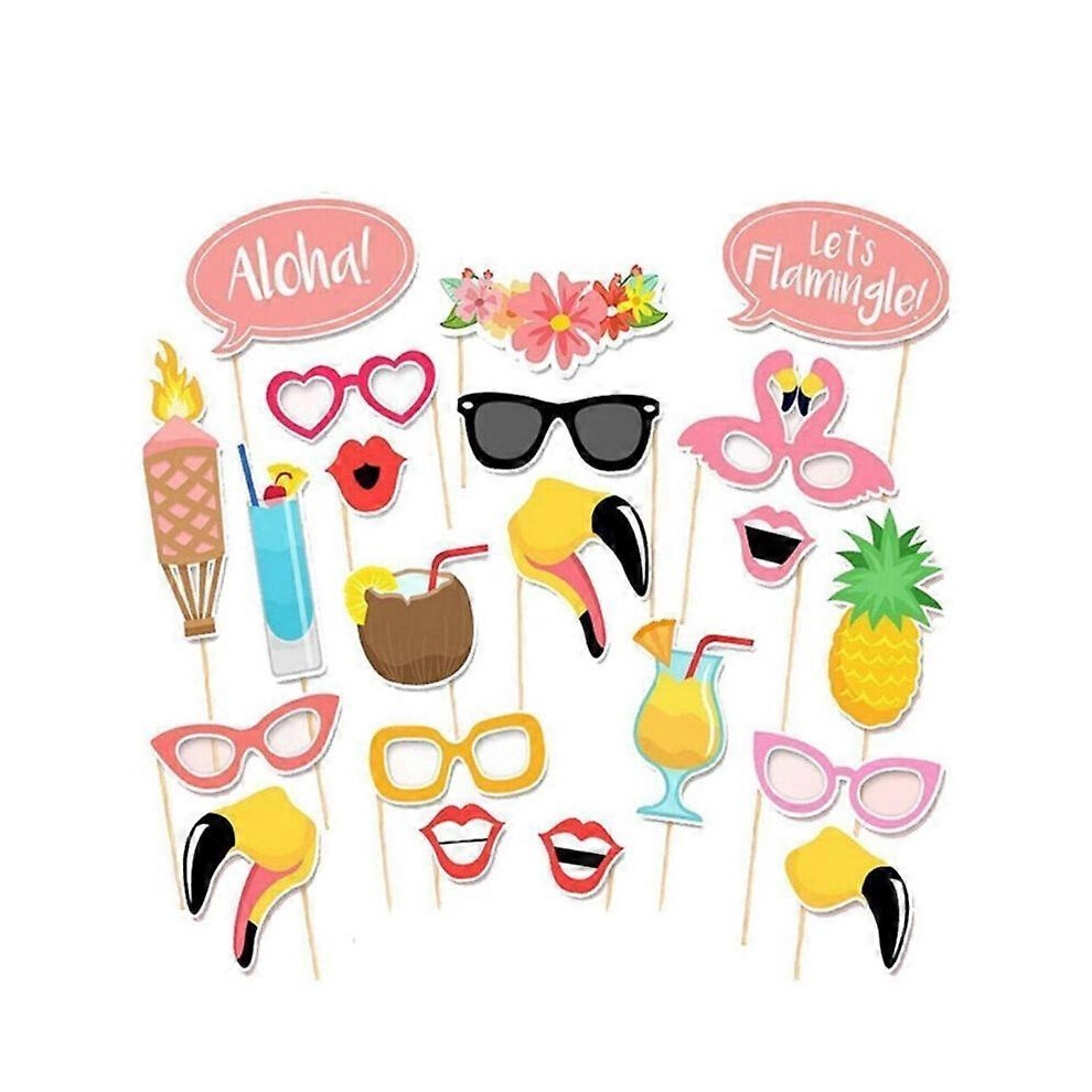(As show, One size) 21pcs Flamingo Hawaii Themed Summer Party Photo Booth Props Photographic Accessories Kit DIY Luau Party Supplies for Holiday Weddi