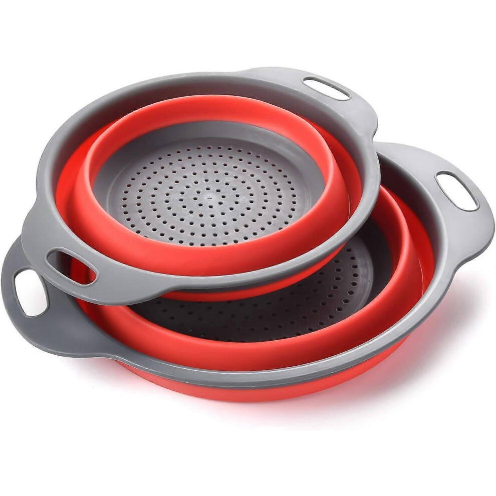 (As show, One size) (Red)Silicone Collapsible Colander, Colander Set, Portable Fruit Basket, Save Kitchen Space, Easy to Clean, 2 Sizes Including 8 Inch and 9.5 Inch