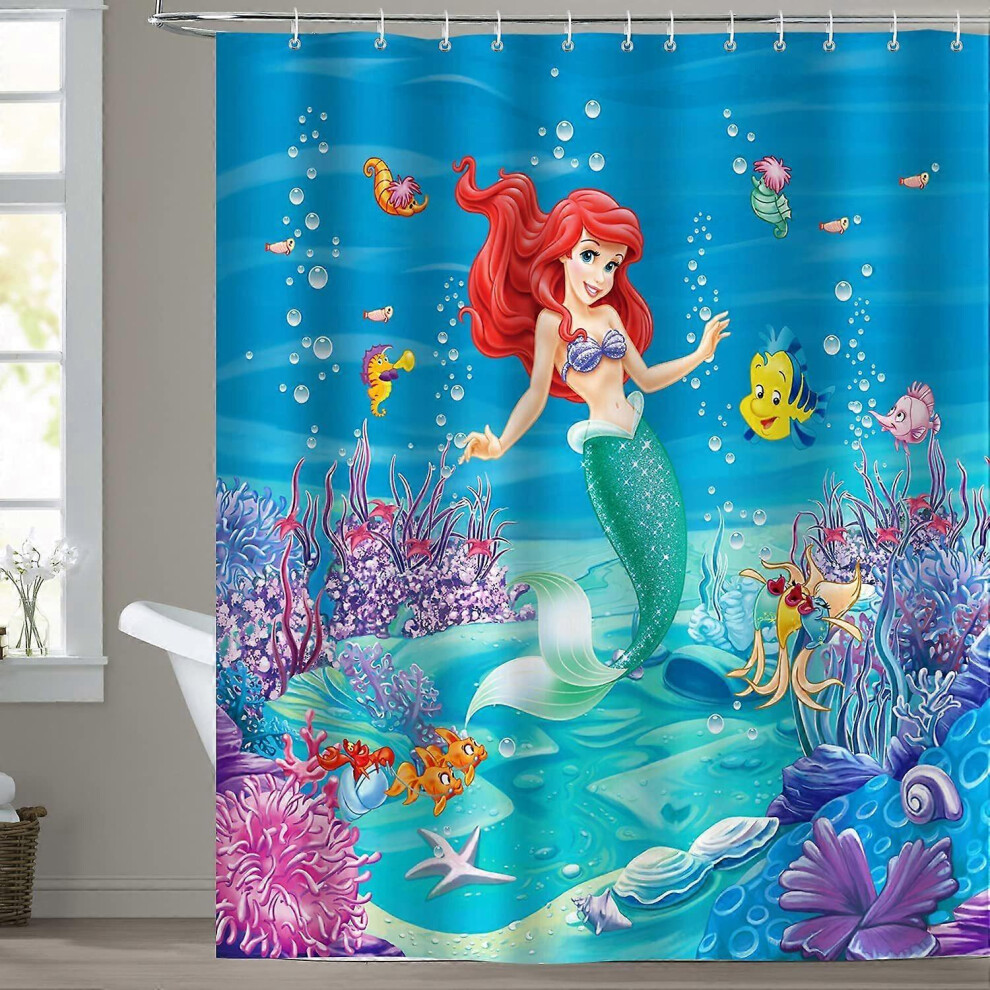 (As show, One size) Little Mermaid Shower Curtain 180 x 180 cm Shower Curtain Polyester Fabric Anti-Mildew Waterproof Washable Bathroom Curtain with 12 Hook Rings for Bat