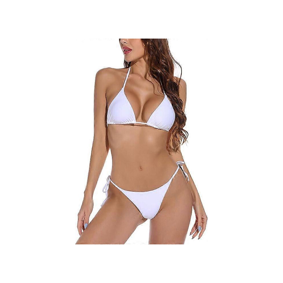 (As show, One size) White V Neck Two Piece Swimsuit M Bikini Set Elegant Triangle Adjustable High Low 2 Piece Swimwear Push Up Padded Sexy Bathing Suit Pool Beach