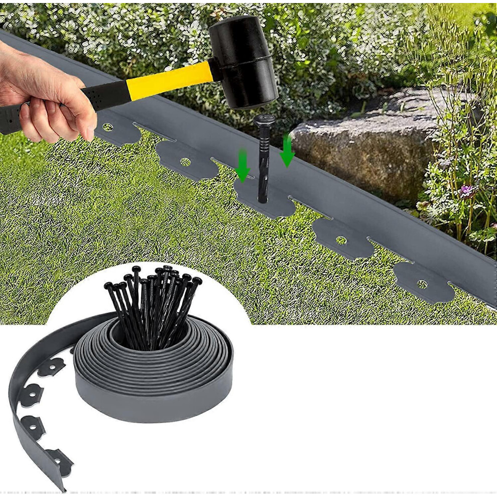 (As show, One size) Plastic Garden Edging 5 Meters with 15 Anchor Stakes Flexible Lawn Edging Lawn Edging with Strong Stakes Garden Idea 50mm Height, 4mm Thickness Gray