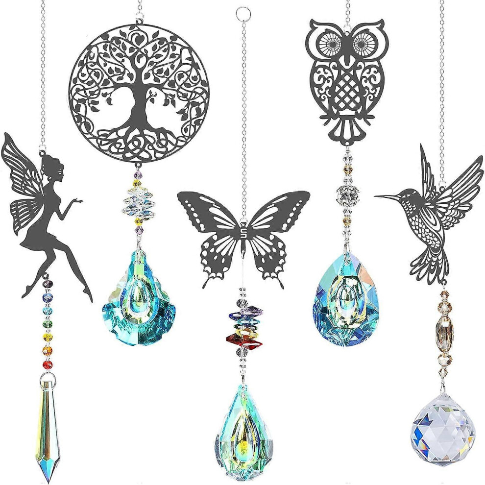 (As show, One size) Crystal Sun Catchers,Set of 5 Hummingbird Tree Owl Butterfly Fairy Crystal Pendant Decorations,Sun Crystal Decoration,Crystal Orna
