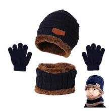 (As show, One size) Kids Knitted Hat Scarf Winter Gloves Neck Warmer with Double Fleece Warm Scarf and Hat for Boys and Girls, 3 Pieces