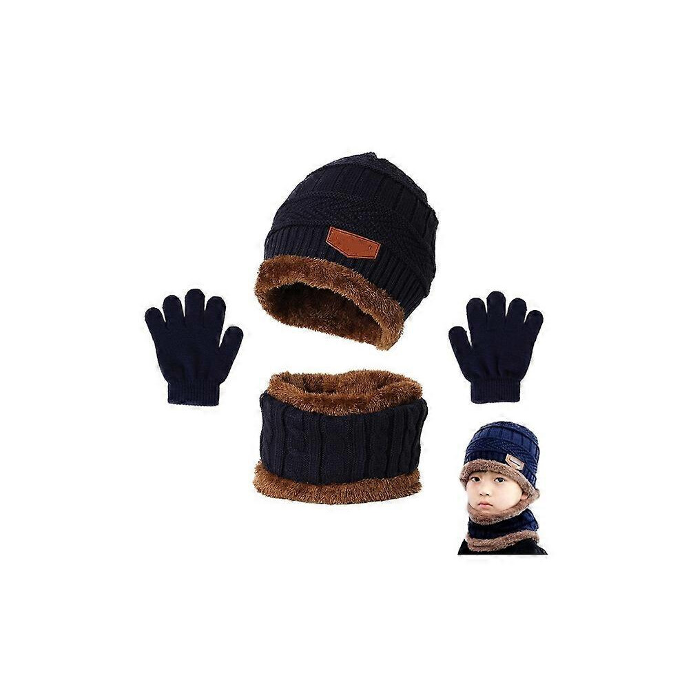 (As show, One size) Kids Knitted Hat Scarf Winter Gloves Neck Warmer with Double Fleece Warm Scarf and Hat for Boys and Girls, 3 Pieces