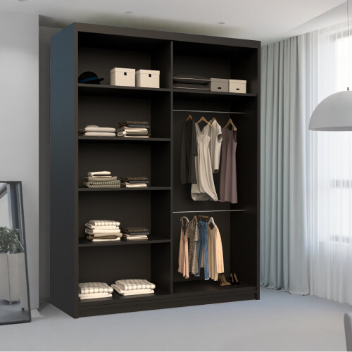 MN Furniture (Black, 150cm) Modern Sliding Wardrobe with Mirror Doors 1