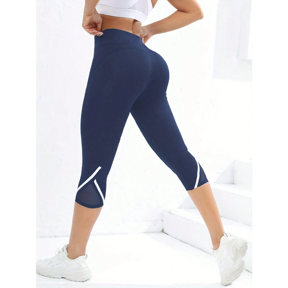 (186-Navy, L) Mesh High Waist Yoga Pants Capri Leggings For Women, Tummy Control Workout Capri Leggings, Women's Activewear