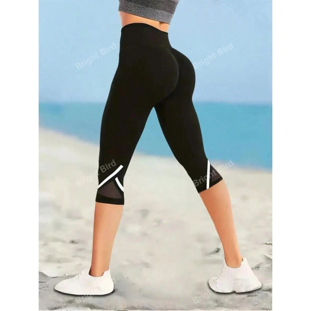 (186-Black, S) Mesh High Waist Yoga Pants Capri Leggings For Women, Tummy Control Workout Capri Leggings, Women's Activewear