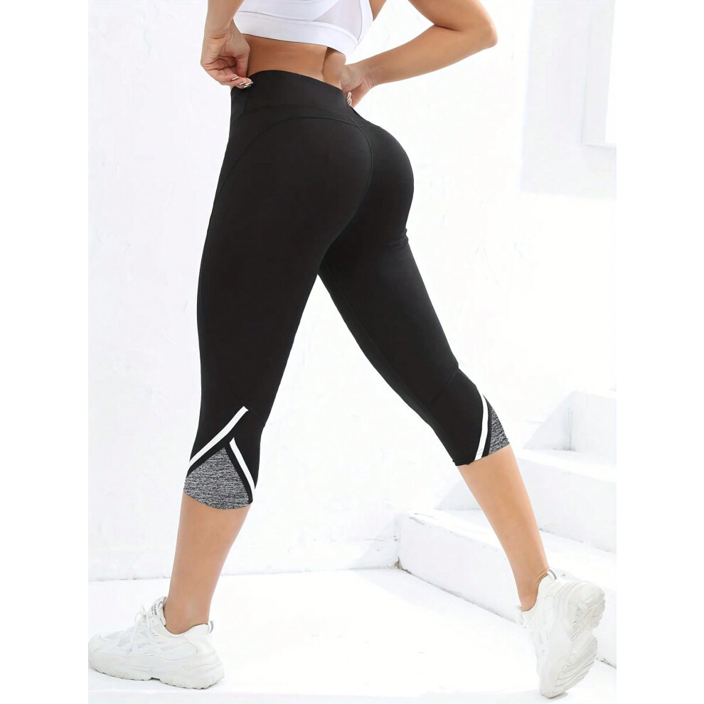 (186-BlackGrey, S) Mesh High Waist Yoga Pants Capri Leggings For Women, Tummy Control Workout Capri Leggings, Women's Activewear