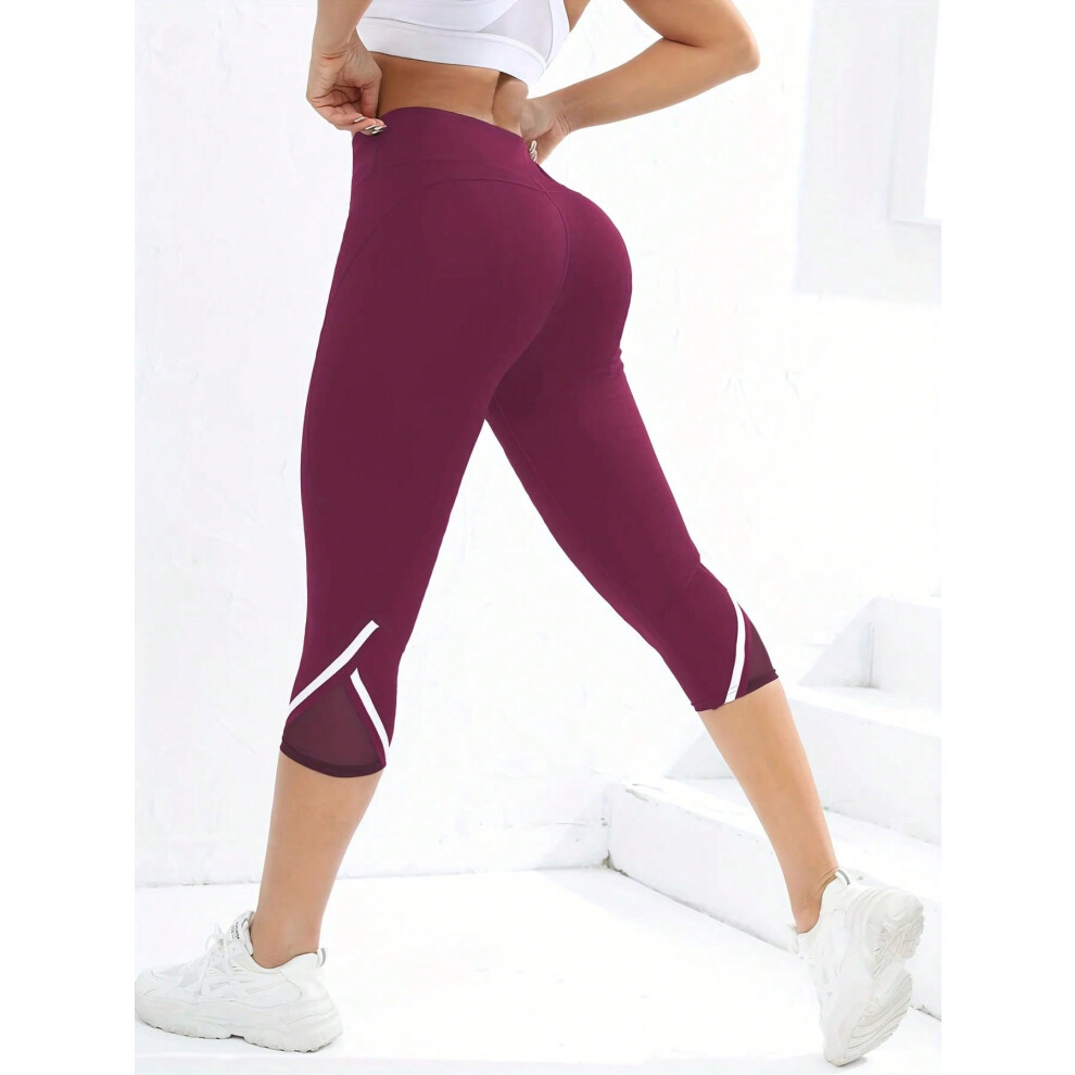 (186-Burgundy, S) Mesh High Waist Yoga Pants Capri Leggings For Women, Tummy Control Workout Capri Leggings, Women's Activewear