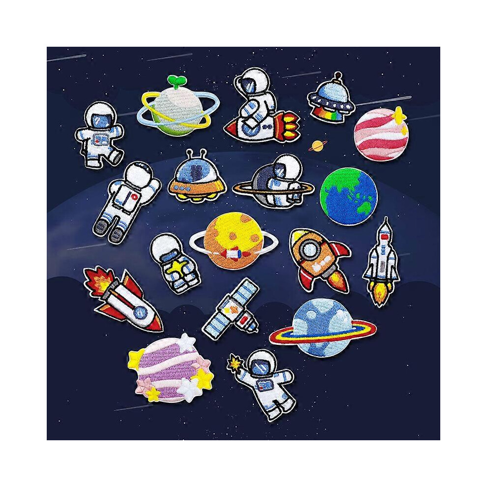(As show, One size) Set of 18 Computer Embroidered Planet Cartoon Astronaut Embroidery Fabric Sticker DIY Bag Decorative Clothes Patch Poster