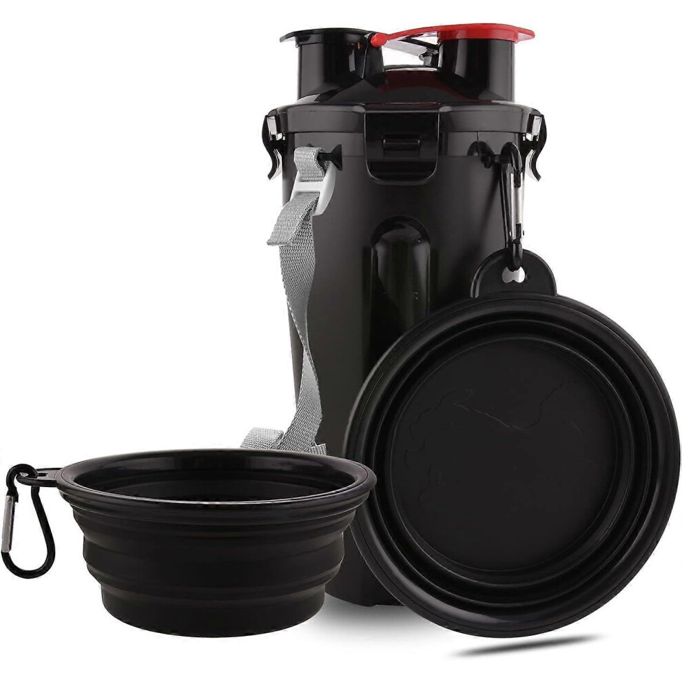 (As show, One size) Dog Water Bottle with 2 Collapsible Bowls (Black) Portable 2-in-1 water bottle and food for dogs and cats, travel water bottle for walking, sports, hi