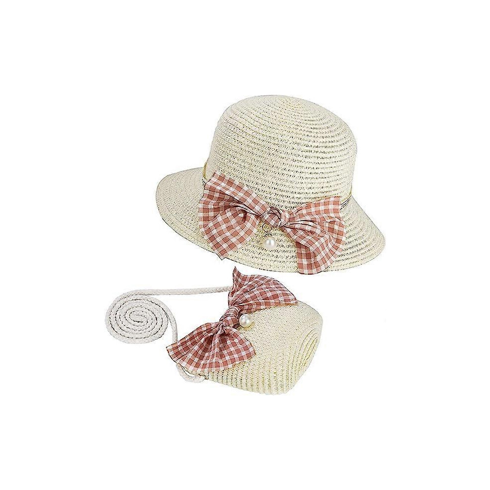 (As show, One size) Pink Girl Straw Hats and Small Bag Set with Bow Decoration Sun Hat Summer Beach Hiking for Kids