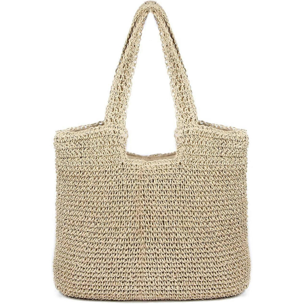 (As show, One size) Beige Women Straw Bag Wide Shoulder Tote Summer Beach Woven Straw Bag