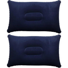 (As show, One size) 2 x Blue Inflatable Camping Travel Soft Blow-Up Pillow