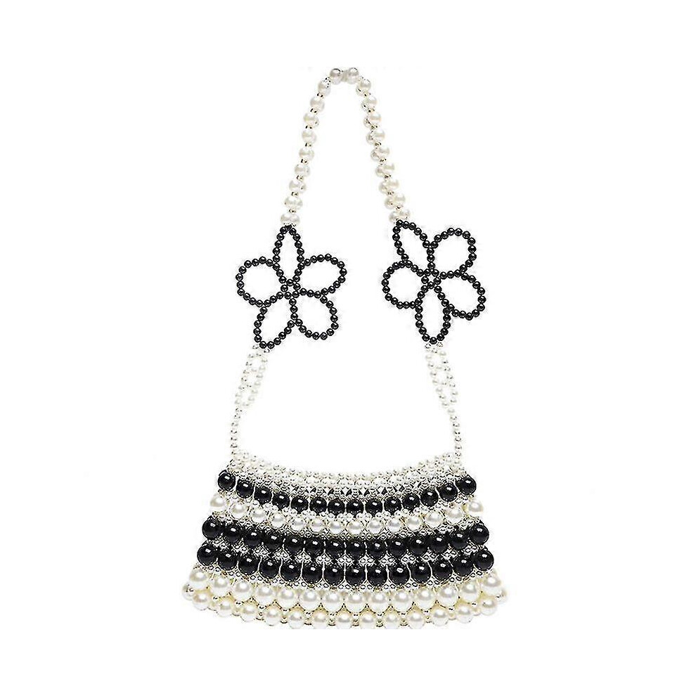(As show, One size) Black and White Fashion Beaded Flower Faux Pearl Bag Shoulder Crossbody Luxury Handbag Summer Purse and Clutch Handbag