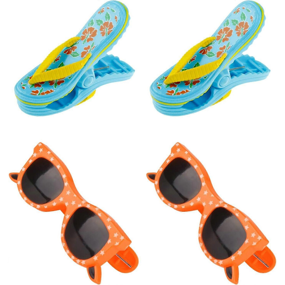(As show, One size) 4 Pieces Slipper Shape (Slippers + Glasses) Slipper Multi-Purpose Beach Towel Clips Clothes Peg Plastic Clothespin for Beach Towel
