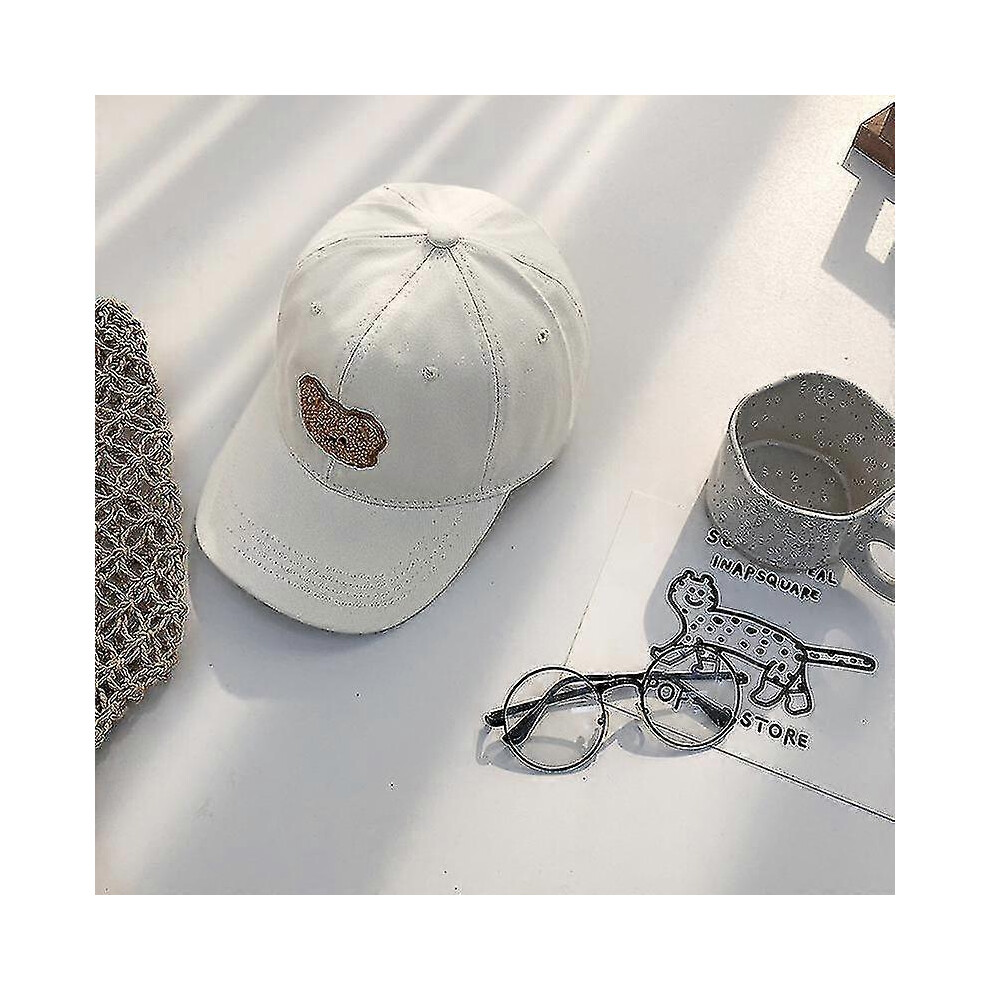 (As show, One size) White cute bear baseball cap women fashion retro hip hop curved brim pointed hat girls summer outdoor sports golf sunscreen