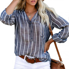 Long Sleeve Striped Blouse V Neck Button Down Loose Fit Women Casual Shirt for Daily Work Shopping