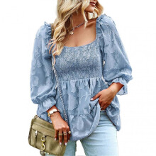 Women Shirt Top Square Neck Long Puff Sleeve Lace Ruffled Hem for Home Office Party