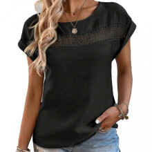 Women T Shirt Hollow Out Round Neck Plain Casual Comfortable Short Sleeve Top for Home Daily Leisure