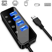 4-Port USB 3.0 Hub with 4 USB 3.0 Data Ports and 1 USB Smart Charging Port, USB Splitter with Individual On/Off Switches and 5V/3A Power Adapter