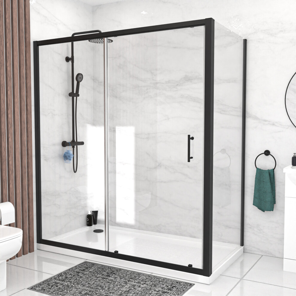 Nes Home 1700mm Matte Black Sliding Shower Door, 900mm Frameless Glass Screen
