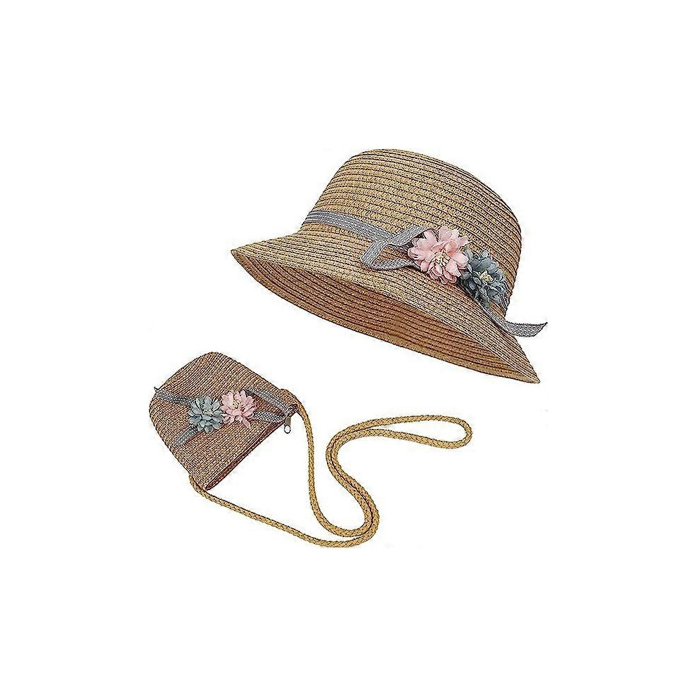(As show, One size) Khaki Sun Hat girl kids summer straw hat and small bag set with flower decoration for beach hiking 3 - 7 years old