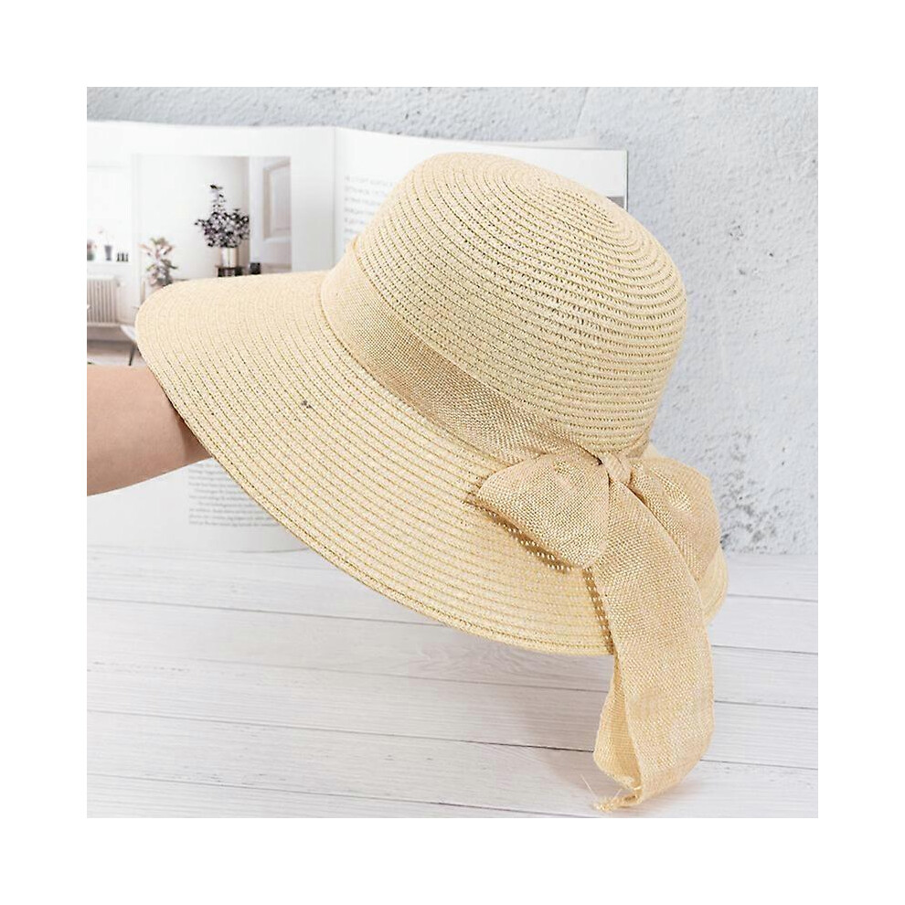 (As show, One size) Beige hat, visor, straw hat, beach sun, wide brim women