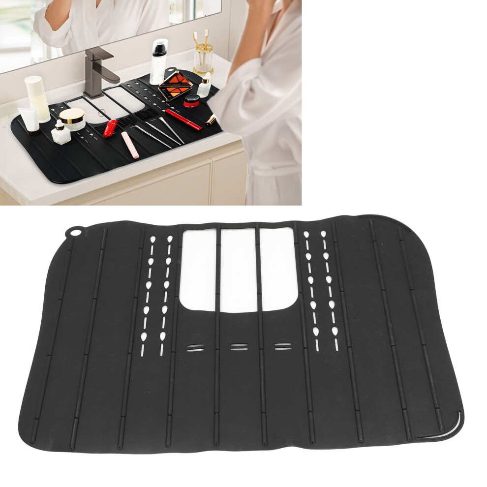 Bathroom Sink Cover Foldable Silicone Sink Mat Heat Resistant Makeup Brush Cleaner Mat for Bathroom Travel Black