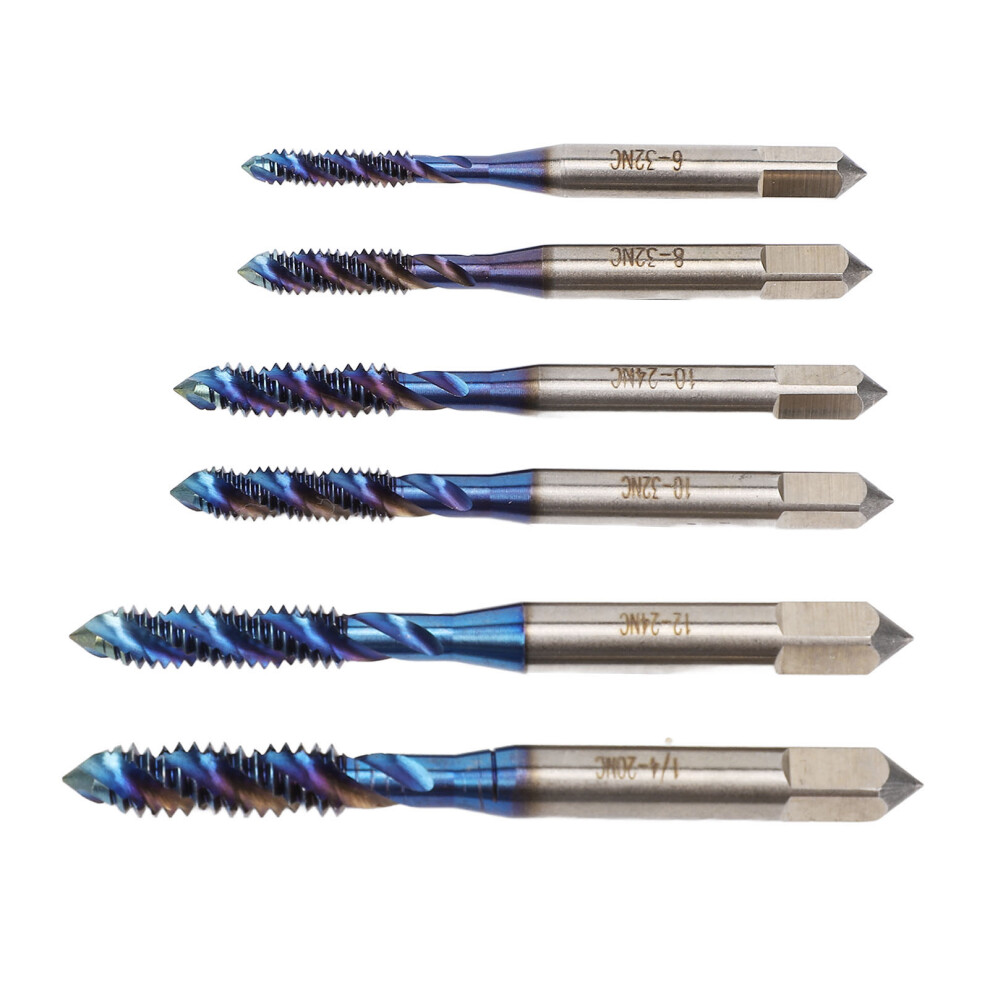 6Pcs Thread Tap Drill Bit Set Us Standard Spiral Flute Screw Hole Machine Tap Nano Blue Coated For Round Square Shank 5001313322327