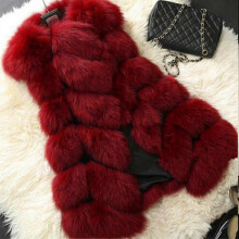 (L, Wine Red) Women Faux Fur Waistcoat Gilet Body Warmer Sleeveless Jacket