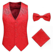 (2XL, Red) Mens Formal Wedding Paisley Waistcoat Bow Tie Set Jacquard Woven Suit Vest