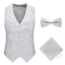 (XL, White) Mens Formal Wedding Paisley Waistcoat Bow Tie Set Jacquard Woven Suit Vest