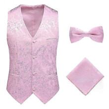 (S, Pink) Mens Formal Wedding Paisley Waistcoat Bow Tie Set Jacquard Woven Suit Vest