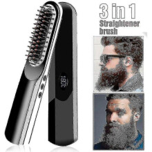 (US, Black) Wireless Men Quick Beard Straightener Hair Style Comb Lcd Multifunctional Cordless Usb Charging Straightening Brush