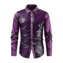 (XXXL, purple) Men Long Sleeve Shirt Shiny Sequin Men's Performance Shirt Turn Heads at Club Parties Stage Shows wi