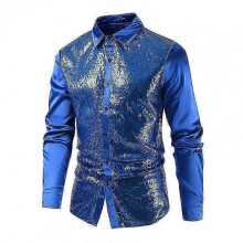 (XXXL, blue) Men Long Sleeve Shirt Shiny Sequin Men's Performance Shirt Turn Heads at Club Parties Stage Shows wi