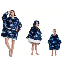 (Navy Shark, Adult Size) Oversized Wearable Hoodie Warm Flannel Sherpa Blanket Hoodie for Winter Men Women Pullover TV Sweatshirt