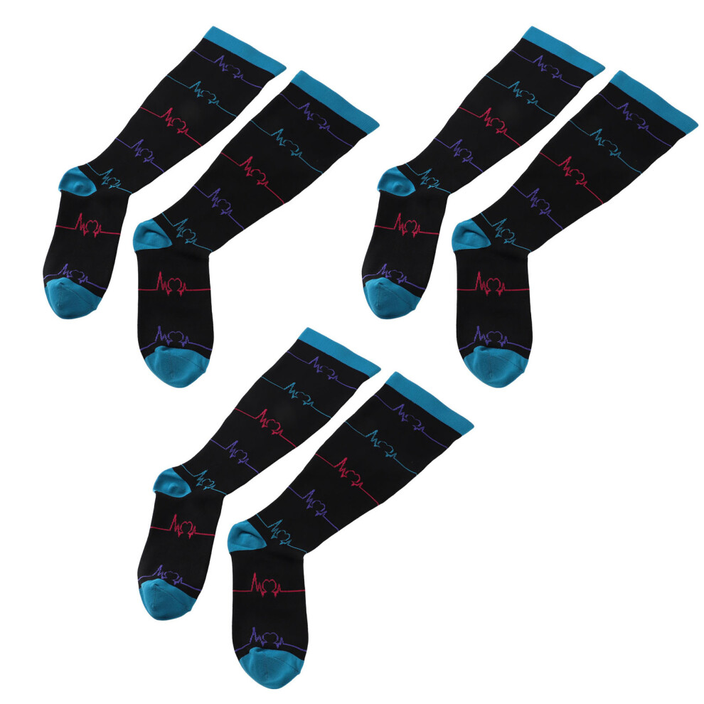 Blue 3 Pairs Plus Size Compression Socks For Women Men Wide Calf Extra Knee High Support For Circulation Walking Electrocardiogram Pattern