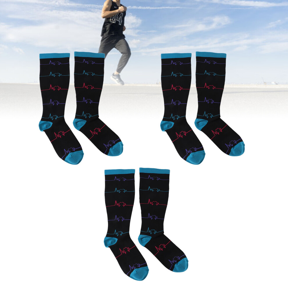 Blue 3 Pairs Plus Size Compression Socks For Women Men Wide Calf Extra Knee High Support For Circulation Walking Electrocardiogram Pattern