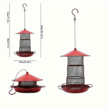 Red Metal Wild Bird Hopper Feeder with 3 Perches for Outdoor Hanging, Large Capacity 6 lbs Seed Garden Bird Feeder for Sparrows, Durable