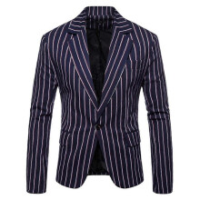 (S, Navy Blue) Mens Striped Wedding Party Slim Fit Casual Suit Jacket