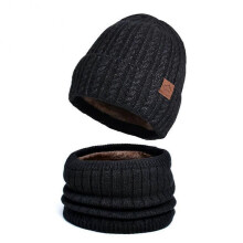 (Two, Black) Men's Knitted Hat Scarf Gloves Three-Piece Set Comfy Keep Warm Cold-proof Beanie for Winter Daily Wear
