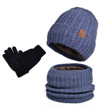 (Three, deep cerulean) Men's Knitted Hat Scarf Gloves Three-Piece Set Comfy Keep Warm Cold-proof Beanie for Winter Daily Wear
