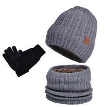 (Three, Dark Grey) Men's Knitted Hat Scarf Gloves Three-Piece Set Comfy Keep Warm Cold-proof Beanie for Winter Daily Wear