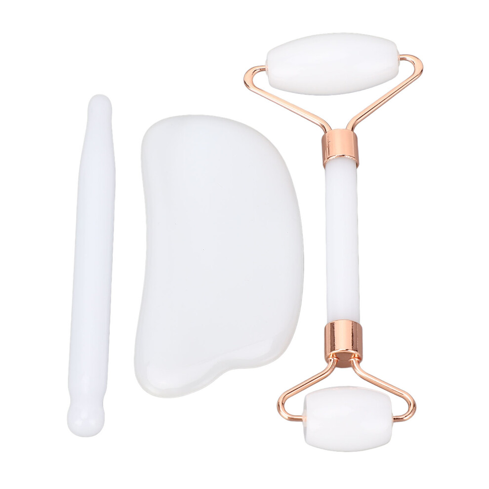White 3Pcs Jadestone Roller Facial Tools With Acupuncture Pen Ingot Shape Scraper Deep Tissue Trigger Point Massage Gua Sha Scraping Massage Tool