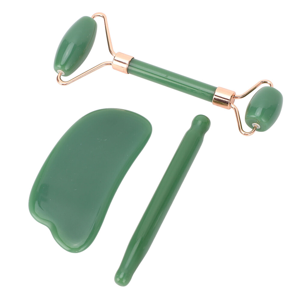 Green 3Pcs Jadestone Roller Facial Tools With Acupuncture Pen Ingot Shape Scraper Deep Tissue Trigger Point Massage Gua Sha Scraping Massage Tool