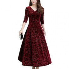 (XL,Wine Red)Women\'s Casual Velvet Dress V Neck French Style Elegant Slim Fit Dresses for Party Wedding Wear