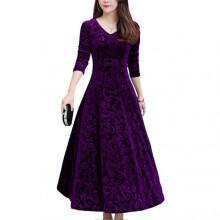 (L,Purple)Women\'s Casual Velvet Dress V Neck French Style Elegant Slim Fit Dresses for Party Wedding Wear