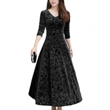 (3XL,Black)Women\'s Casual Velvet Dress V Neck French Style Elegant Slim Fit Dresses for Party Wedding Wear